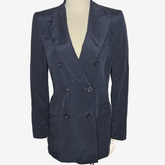 Linda Allard Ellen Tracy 100% Silk Double Breasted Blazer Navy Blue Size 4 - Picture 1 of 9